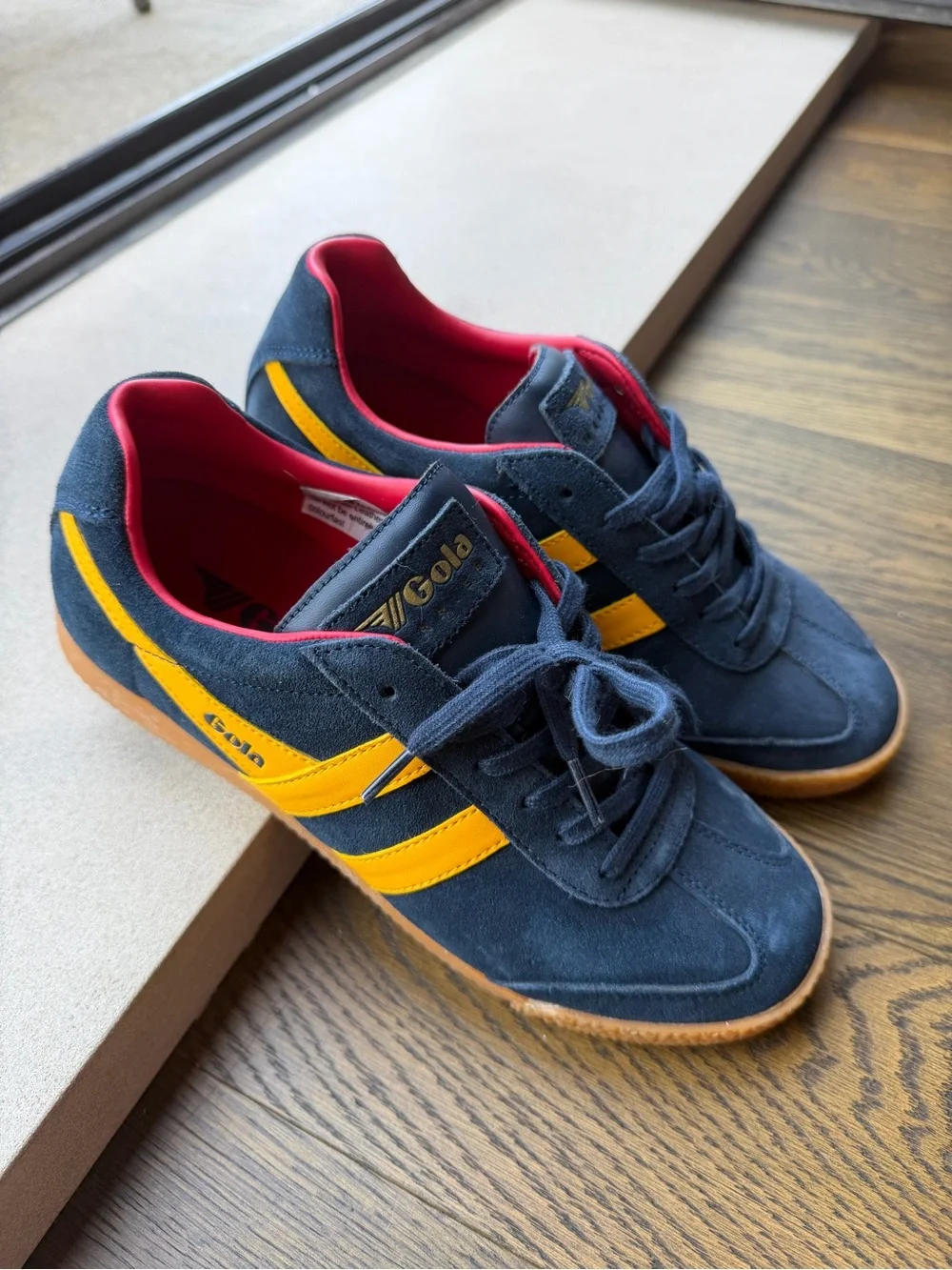 Gola Women’s Suede Sneakers in Navy with Yellow Stripes